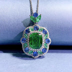 Emerald-Cut Green & Blue Gemstone Halo Pendant Necklace- ZORVA JEWELRY