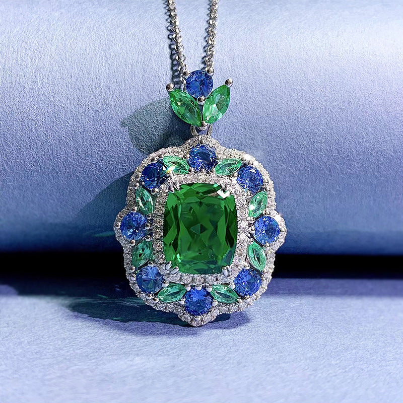 Emerald-Cut Green & Blue Gemstone Halo Pendant Necklace- ZORVA JEWELRY