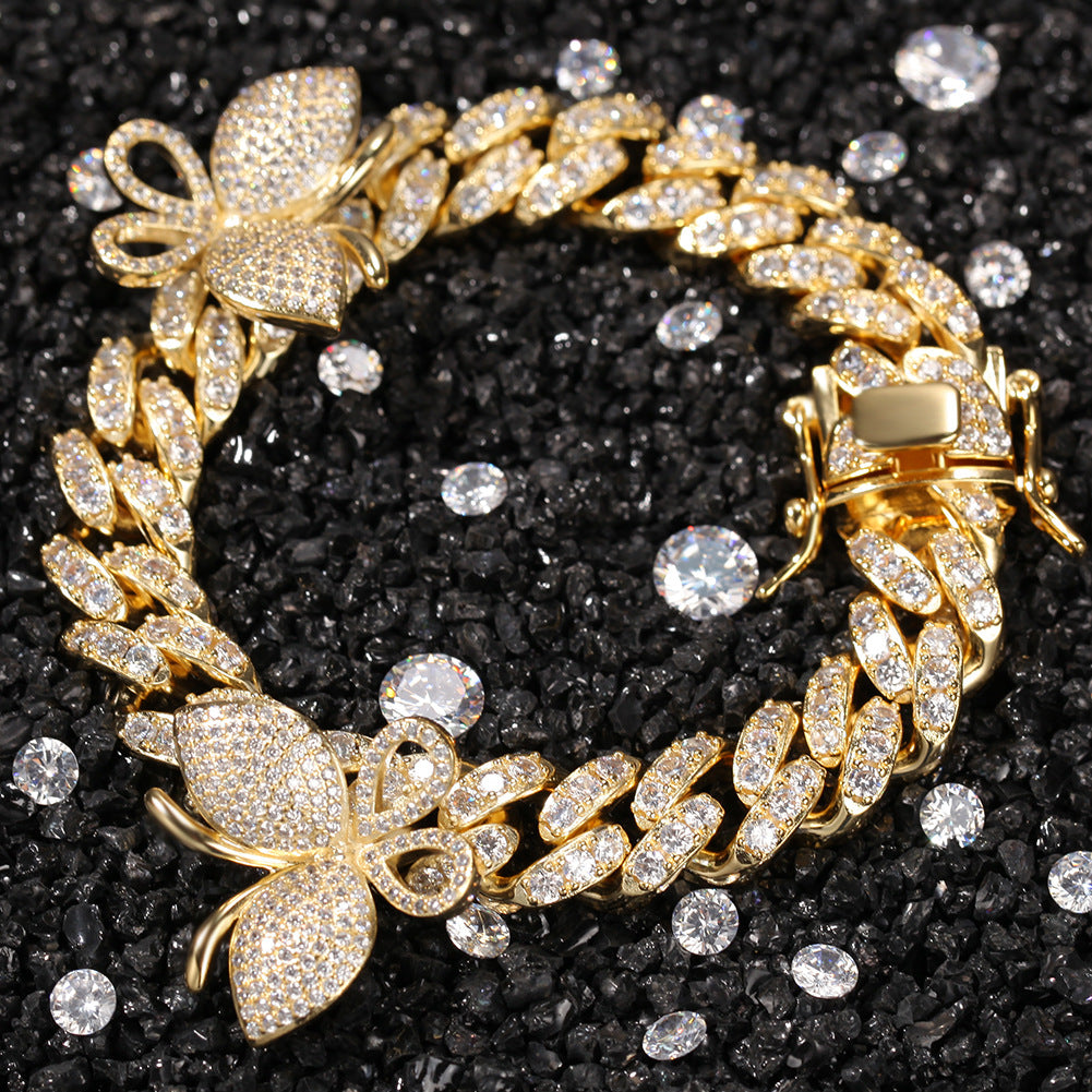 Butterfly Diamond-Encrusted Cuban Link Gold Bracelet - ZORVA JEWELRY