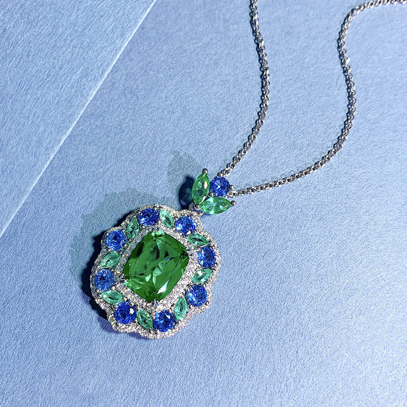 Emerald-Cut Green & Blue Gemstone Halo Pendant Necklace- ZORVA JEWELRY
