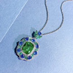 Emerald-Cut Green & Blue Gemstone Halo Pendant Necklace- ZORVA JEWELRY
