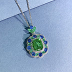 Emerald-Cut Green & Blue Gemstone Halo Pendant Necklace- ZORVA JEWELRY