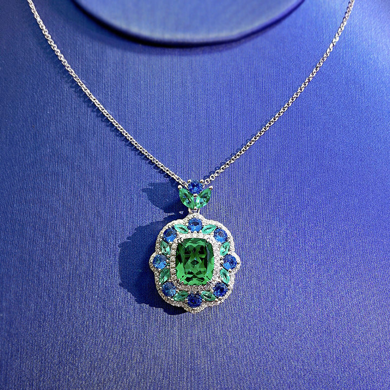Emerald-Cut Green & Blue Gemstone Halo Pendant Necklace- ZORVA JEWELRY