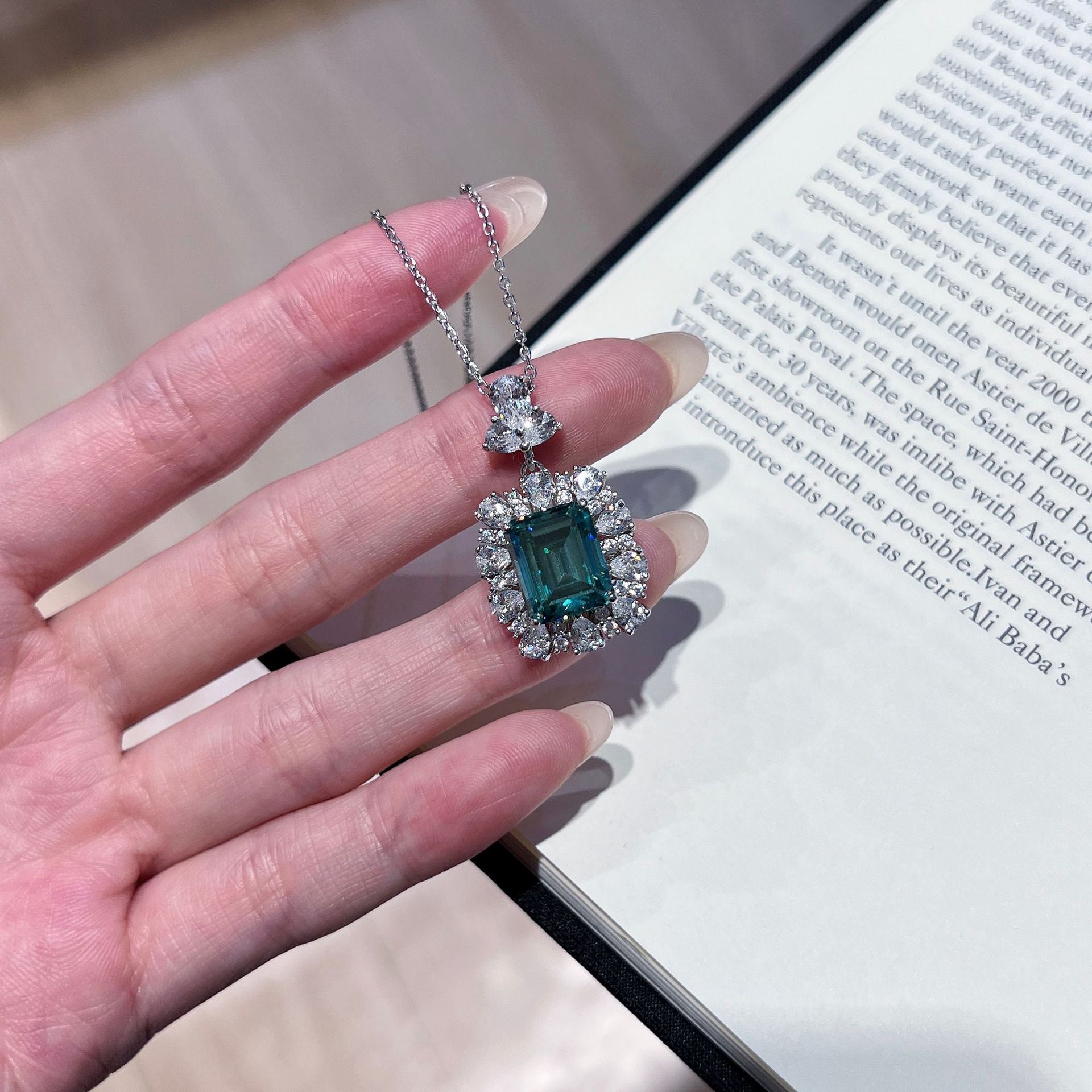 Emerald-Cut Green Gemstone Halo Pendant Necklace - ZORVA JEWELRY