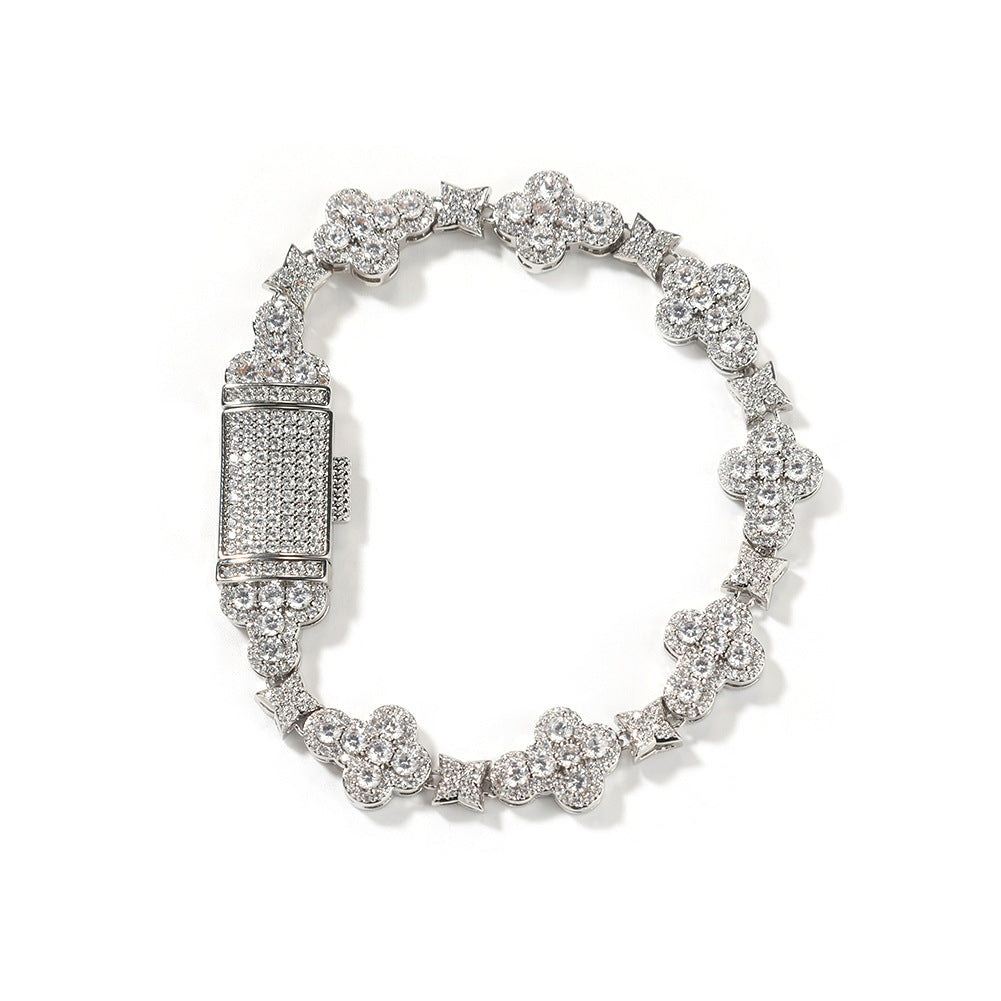Four-Leaf Clover & Star Diamond-Encrusted Silver Bracelet- ZORVA JEWELRY silvery